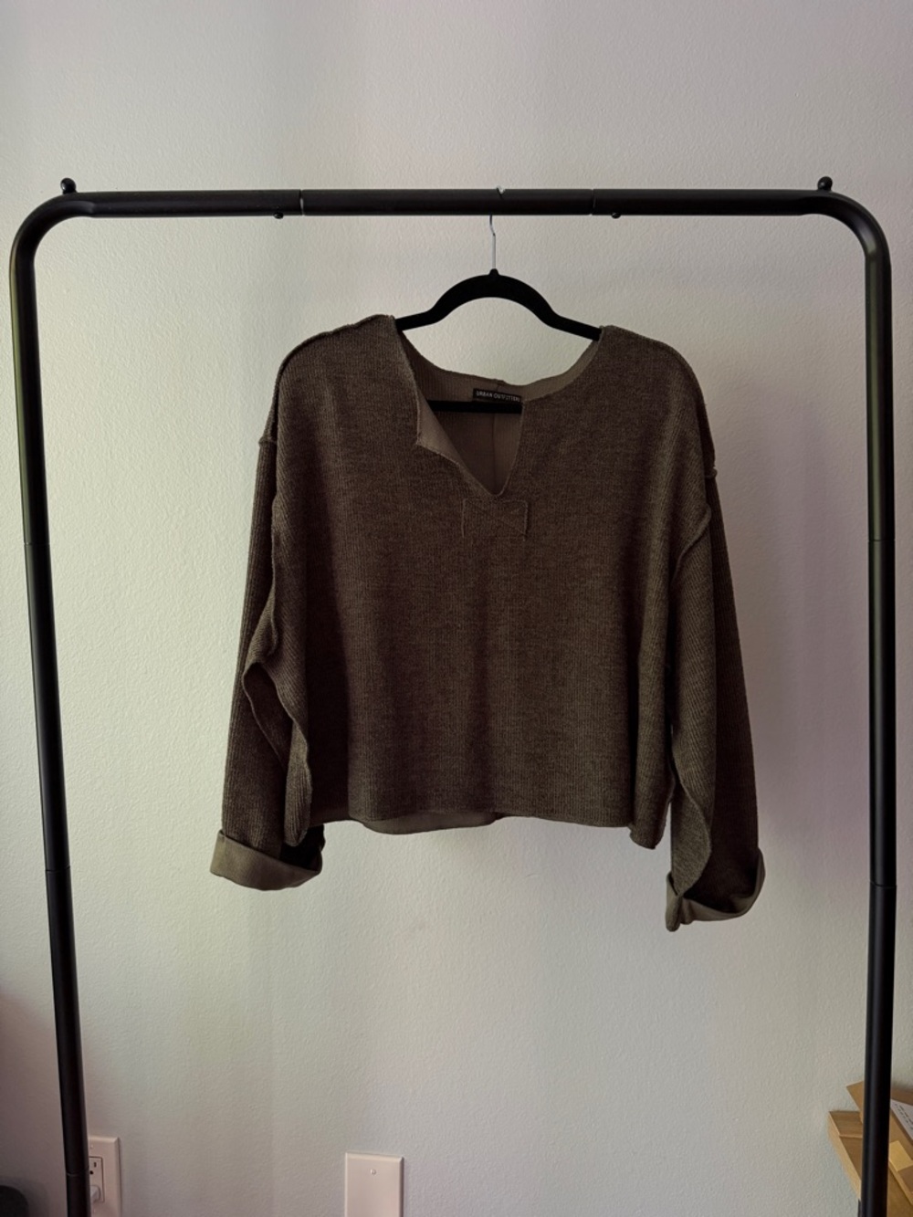 Urban Outfitters Cropped Olive Knit Notched Sweater